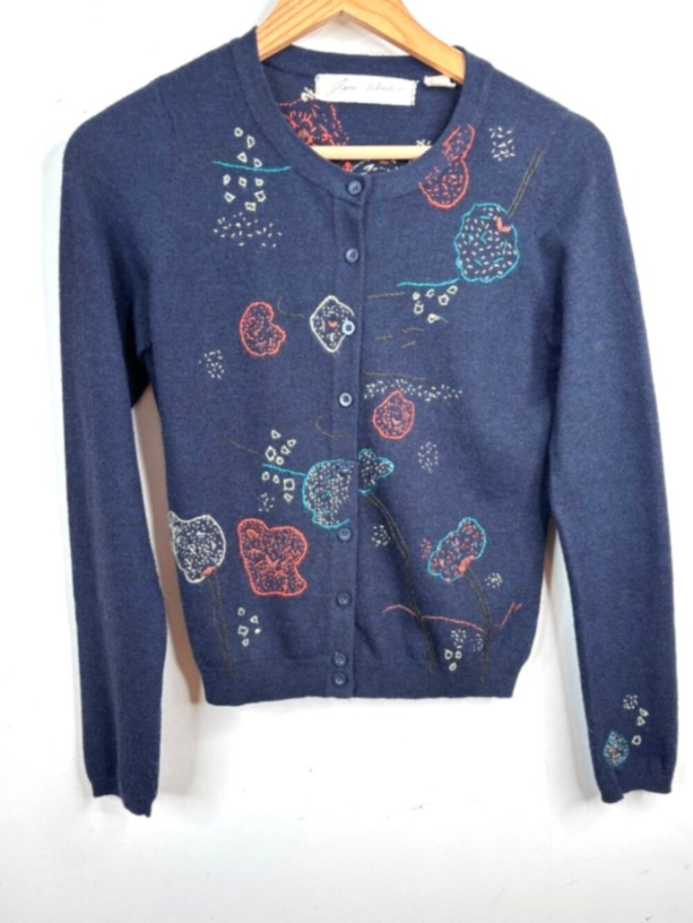 Anthropologie Jane Wheeler Blue Embroidered Cardigan S Whimsy Cottage Granny